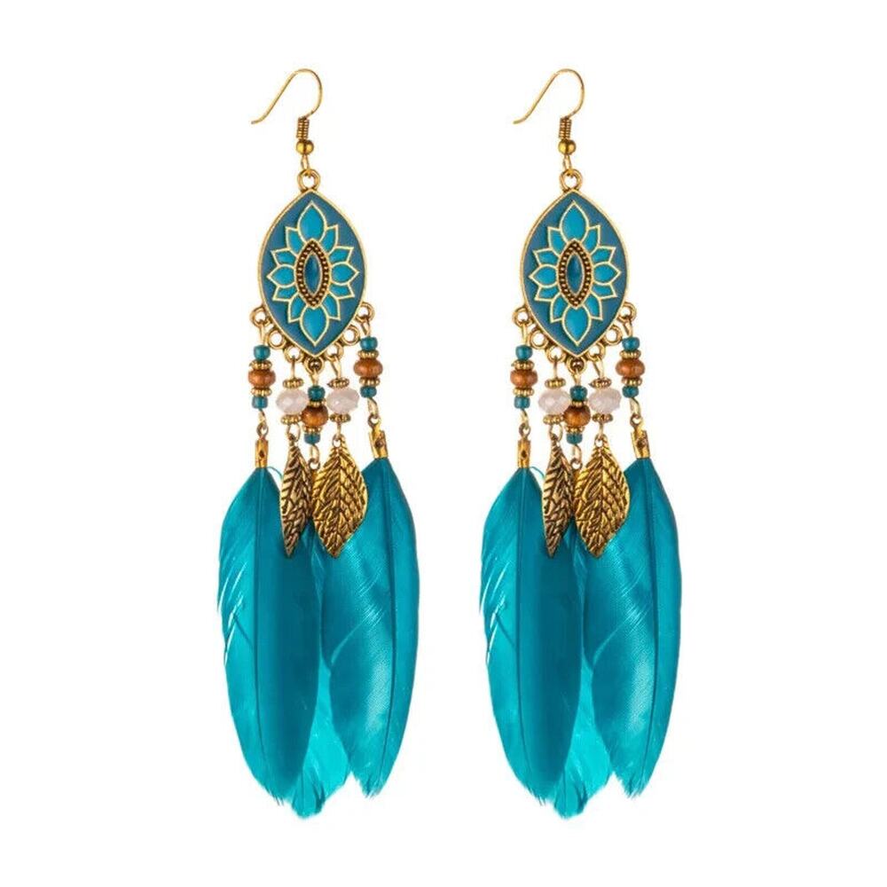 Blue Boho Rice Bead Water Drop Tassel Leaf Aztec Ethnic‎ Earrings White Boho